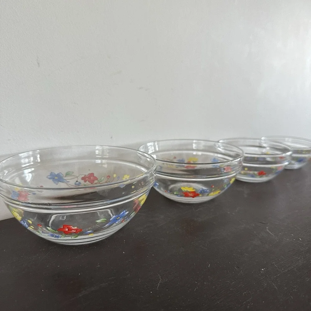 Set of 4 Vintage Clear Heatproof Glass Nesting Bowls 90s Fruit Border 5.5